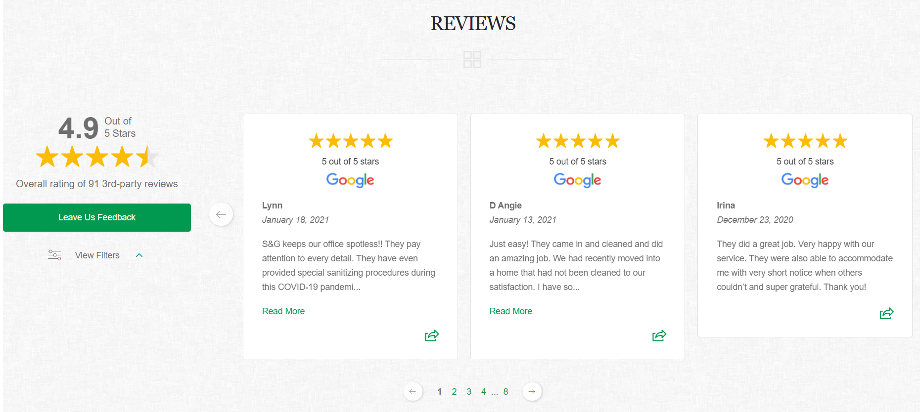 An example of using reviews to build credibility for your business on your website